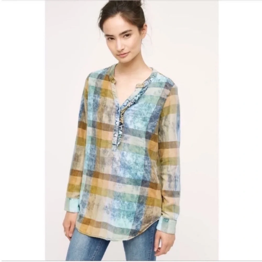 Anthropologie Isabella Sinclair Ruffled Plaid Henley shirt blue orange popover - Picture 1 of 11